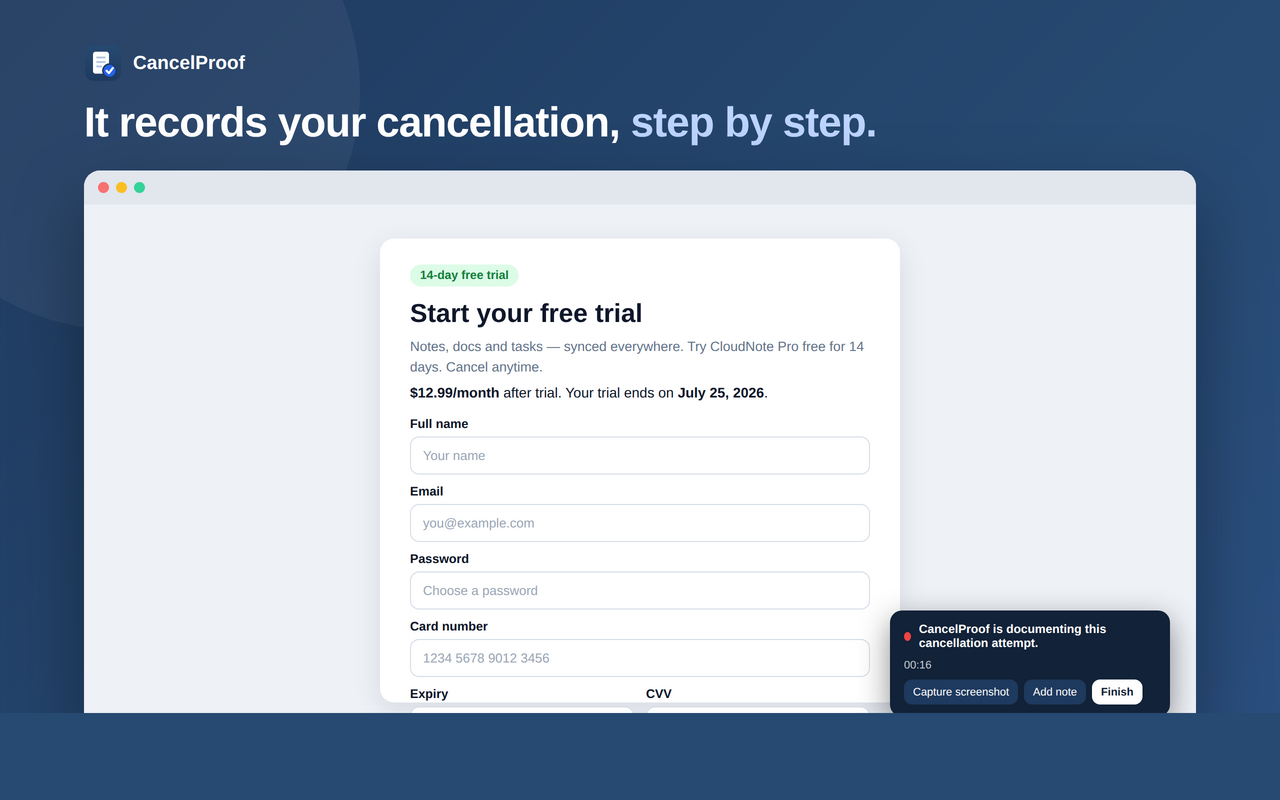 Proof Mode recording a cancellation with an on-page overlay