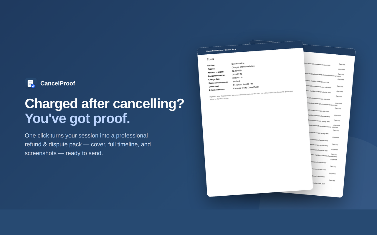 A generated refund and dispute pack PDF